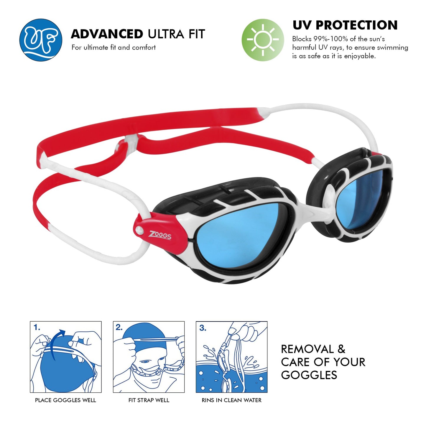 Zoggs Predator Swimming Goggle | White Red/Tint Blue - Regular Fit