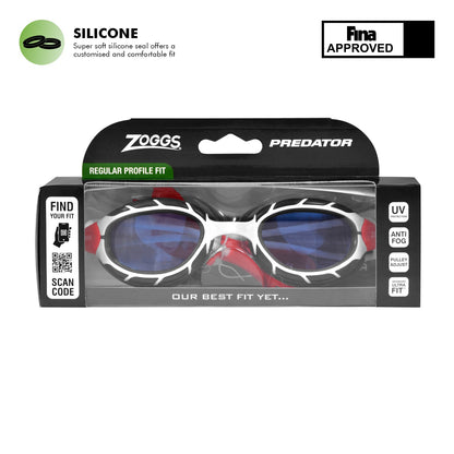 Zoggs Predator Swimming Goggle | White Red/Tint Blue - Regular Fit