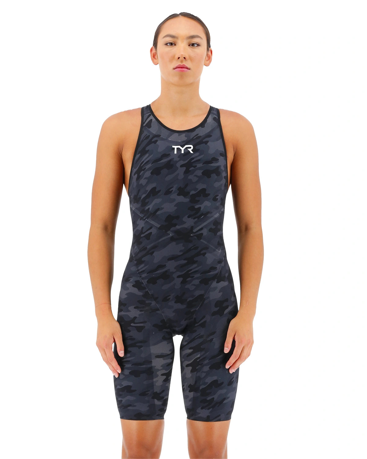 TYR Womens Venzo Open back Racing Swimsuit | Camo | Black