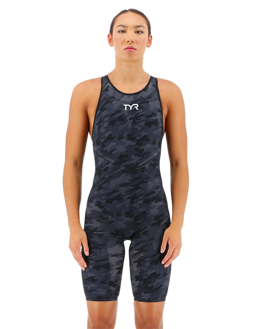 TYR Womens Venzo Open back Racing Swimsuit | Camo | Black