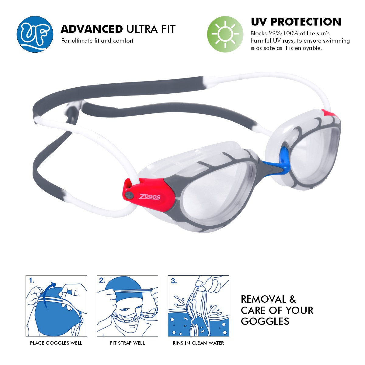 Zoggs Predator Swimming Goggle | Clear Lens/Clear Grey - Regular Fit