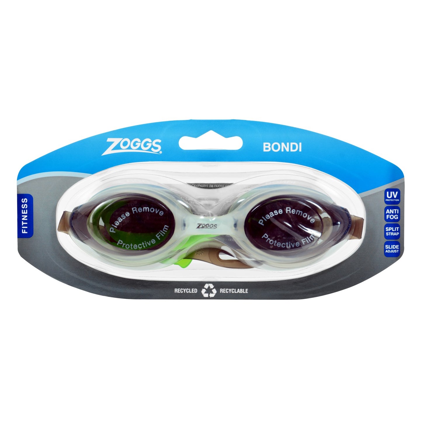 Zoggs Bondi Swimming Goggles | White/Blue - Lime/Tinted Smoke Lens